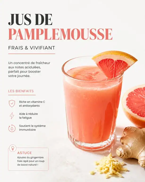 Jus de pamplemousse rose frais avec gingembre pour un bienfait santé optimal