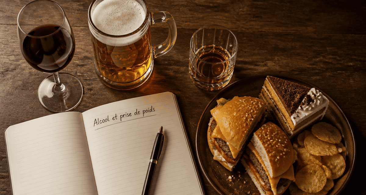 Alcool et prise de poids, boissons et aliments sur table