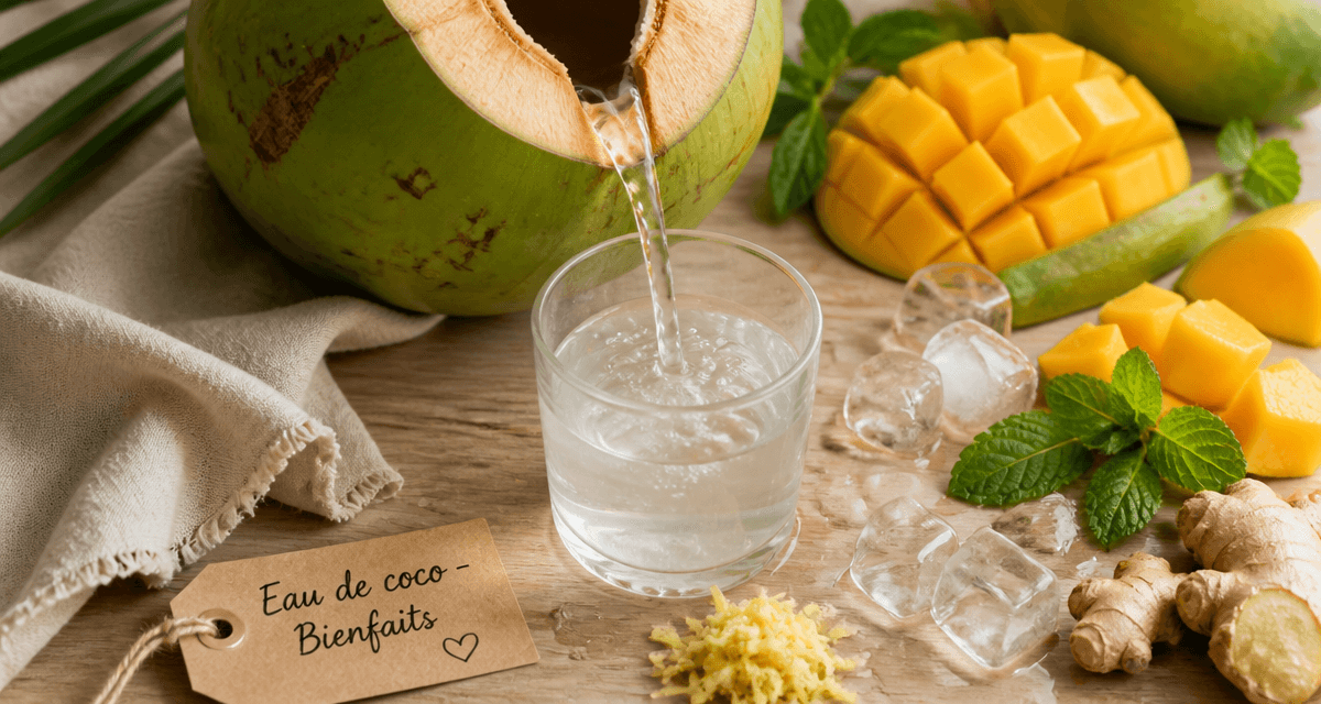 bienfait de l eau de coco, noix de coco verte, verre, fruits