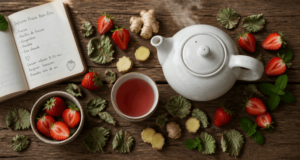 bienfait fraise the ou tisane sur table avec infusion