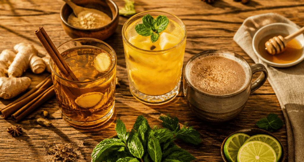 Boisson aphrodisiaque fait maison sur table en bois avec épices et fruits