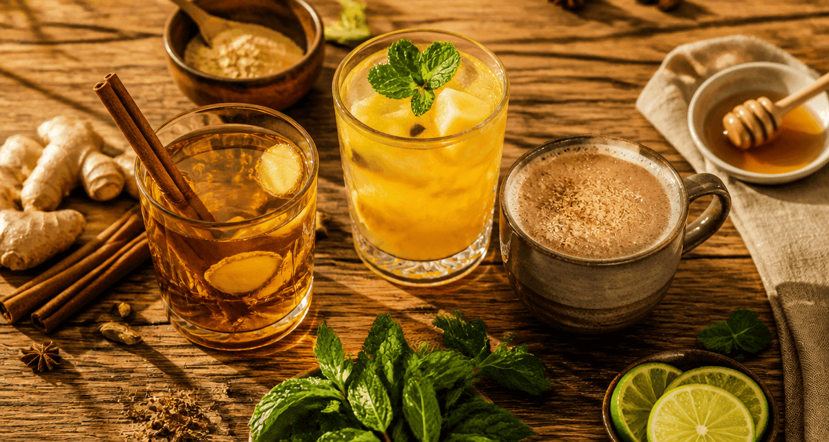 Boisson aphrodisiaque fait maison sur table en bois avec épices et fruits