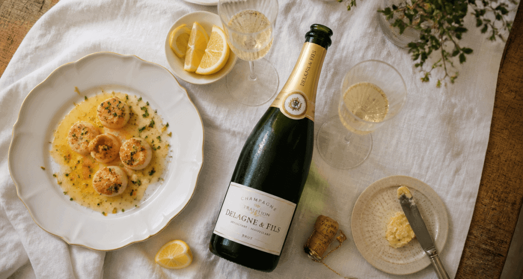 champagne tradition de delagne sur table avec flûtes et saint-jacques