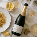 champagne tradition de delagne sur table avec flûtes et saint-jacques
