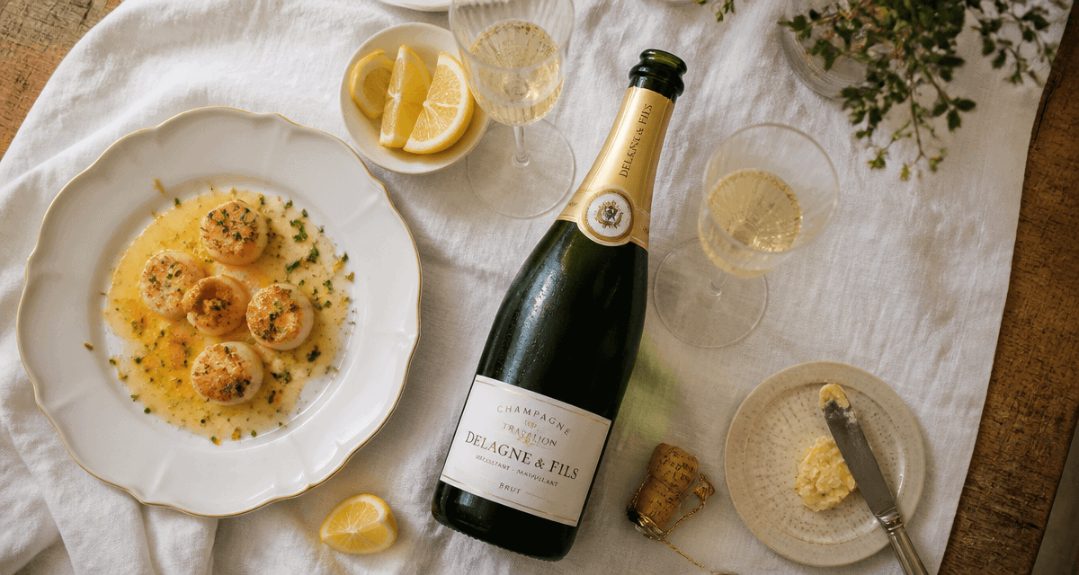 champagne tradition de delagne sur table avec flûtes et saint-jacques