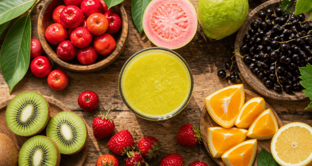 classement fruit vitamine c fruits frais en flat lay