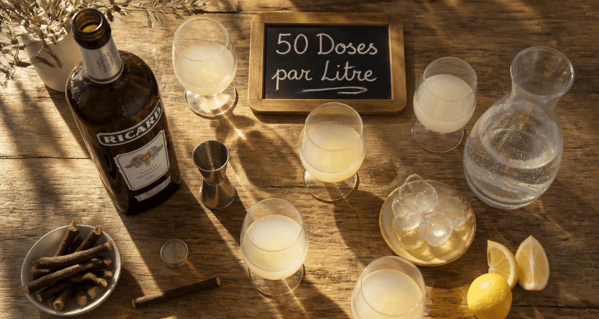 combien de dose de ricard dans 1 litre, bouteille et verres sur table