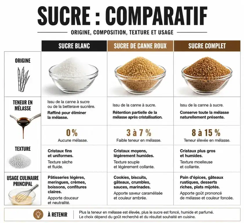 Comparatif visuel des différences entre sucre de canne et sucre roux pour la pâtisserie et la nutrition