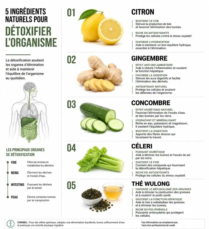 Infographie des bienfaits des ingrédients pour une boisson detox pour maigrir