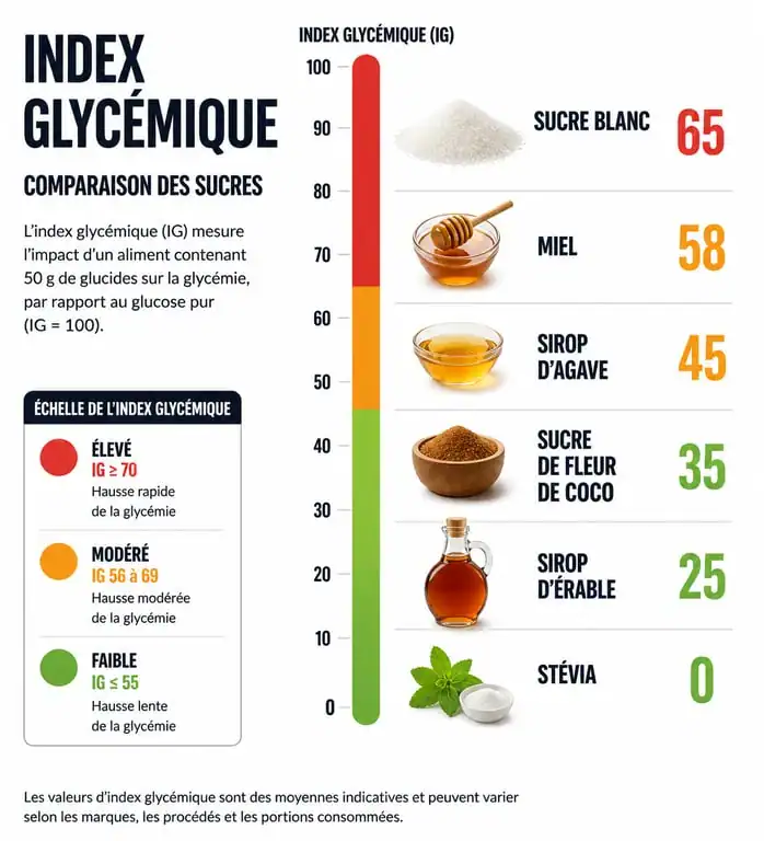 Infographie comparative de l'index glycémique des différents sucres pour la santé
