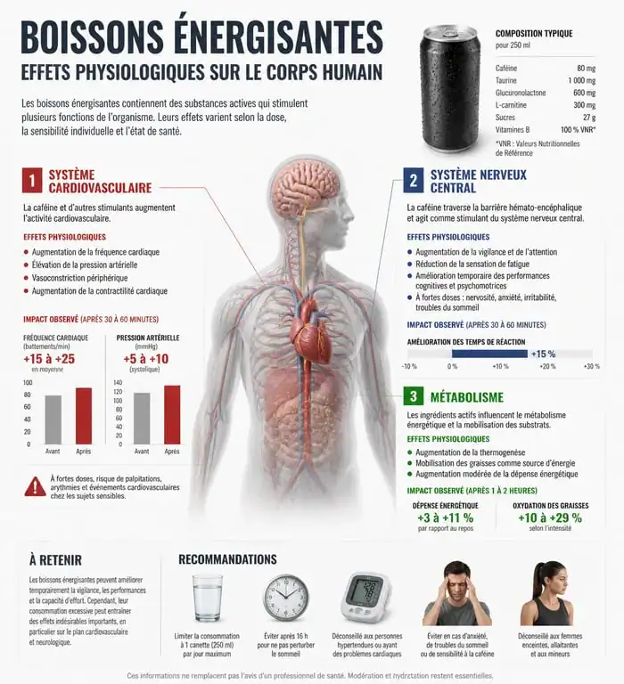 Infographie des effets des boissons énergisantes sur le corps humain et la santé