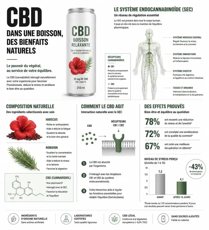 Infographie sur les bienfaits et la composition de la boisson Chilled au CBD