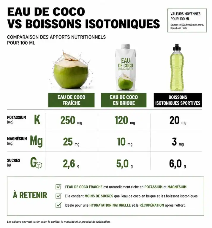 Infographie comparative des bienfaits et composition nutritionnelle de l'eau de coco