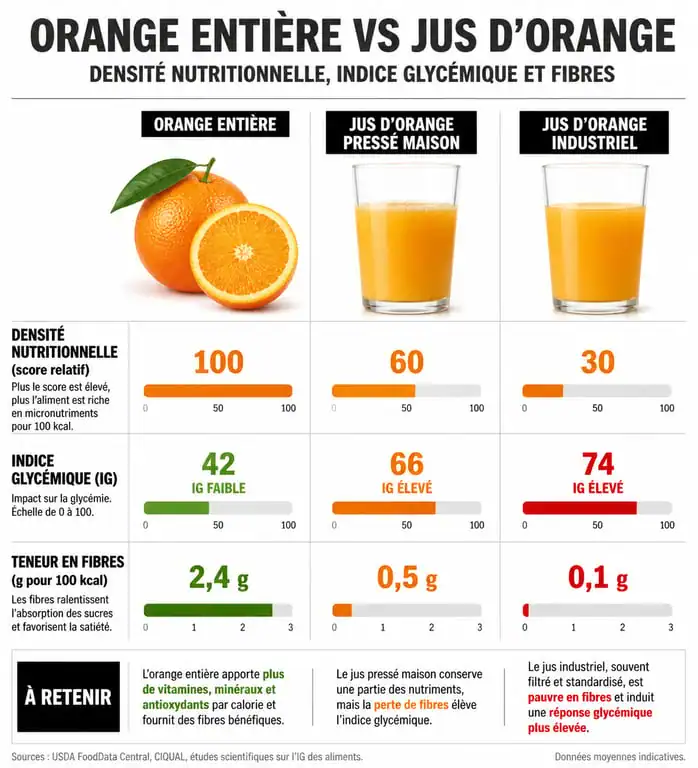 Infographie comparative des apports nutritionnels et de l'indice glycémique du jus d'orange pressé, de l'orange entière et du jus industriel.