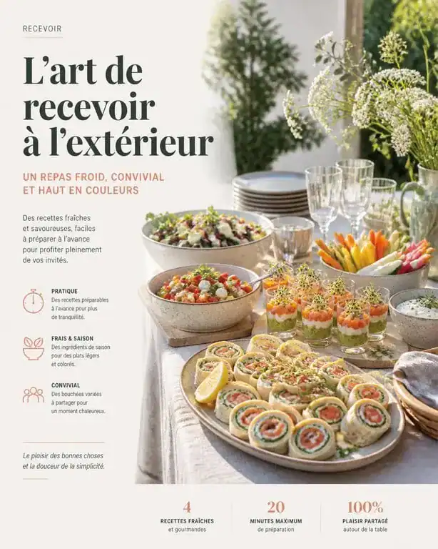 Buffet froid convivial avec wraps, salades et verrines pour un repas entre amis