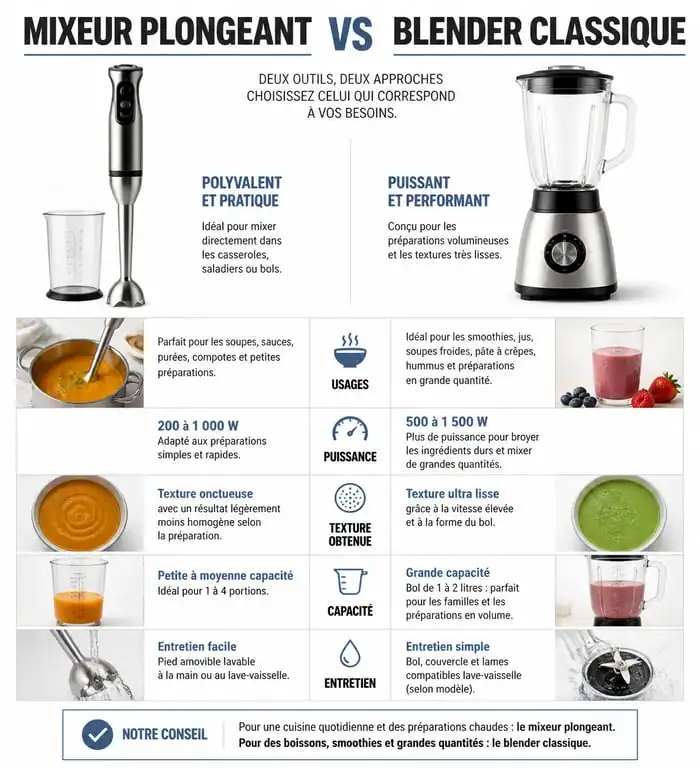 Infographie comparative : différence entre mixeur plongeant et blender pour choisir son appareil de cuisine