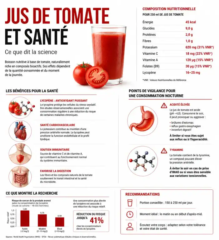 Infographie des bienfaits et risques du jus de tomate le soir pour la santé et le sommeil