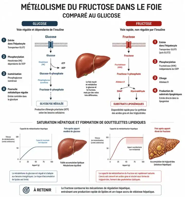 Schéma explicatif du métabolisme du fructose et ses effets sur le foie