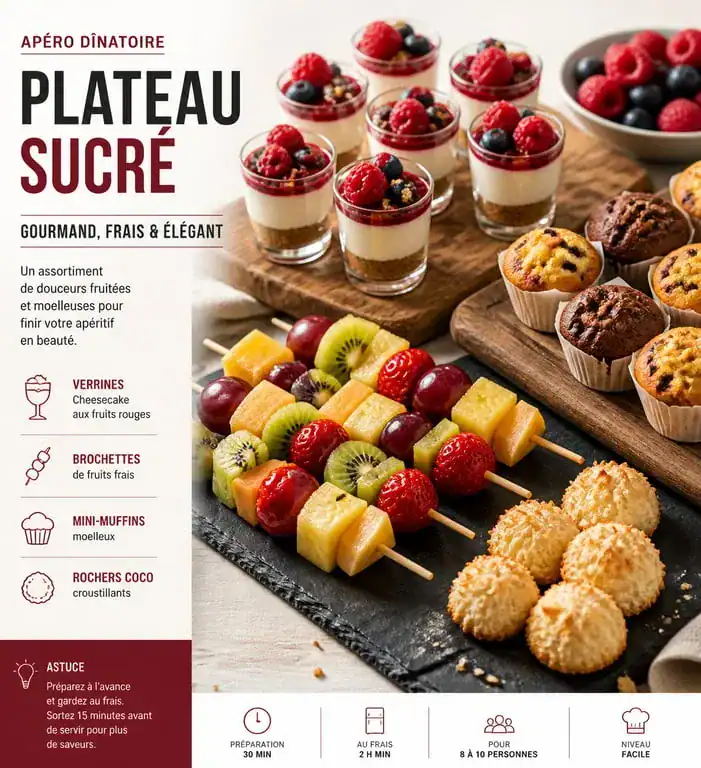 Présentation gourmande de desserts pour un apéro dînatoire avec verrines et mignardises