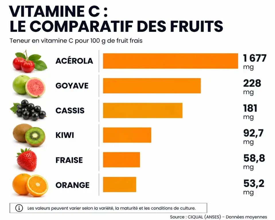 Classement des fruits les plus riches en vitamine C par teneur en mg pour 100g