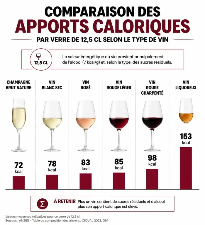 Infographie comparative des calories dans le vin par type de vin