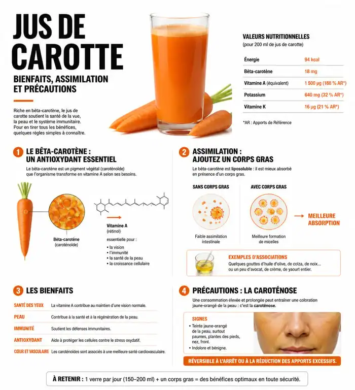 Infographie sur les bienfaits et risques de la consommation quotidienne de jus de carotte