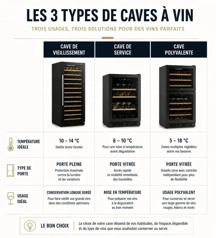 Infographie comparative pour choisir sa cave à vin : vieillissement, service ou polyvalente
