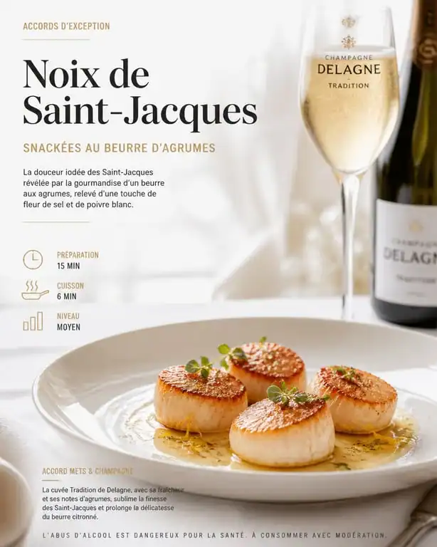 Noix de Saint-Jacques snackées au beurre d'agrumes servies avec un Champagne Tradition de Delagne
