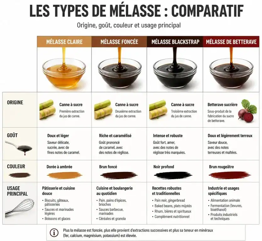 Infographie comparative des différents types de mélasse : canne à sucre, betterave et blackstrap, expliquant leurs usages et propriétés.