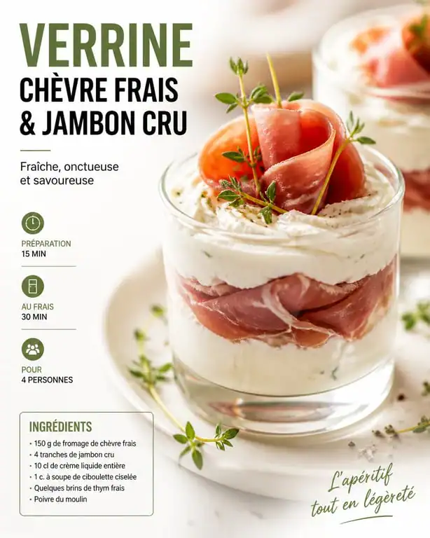 Verrine apéro à congeler : mousse de chèvre et jambon cru prête à être servie