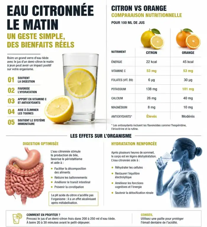 Infographie des bienfaits et apports nutritionnels du jus de citron le matin