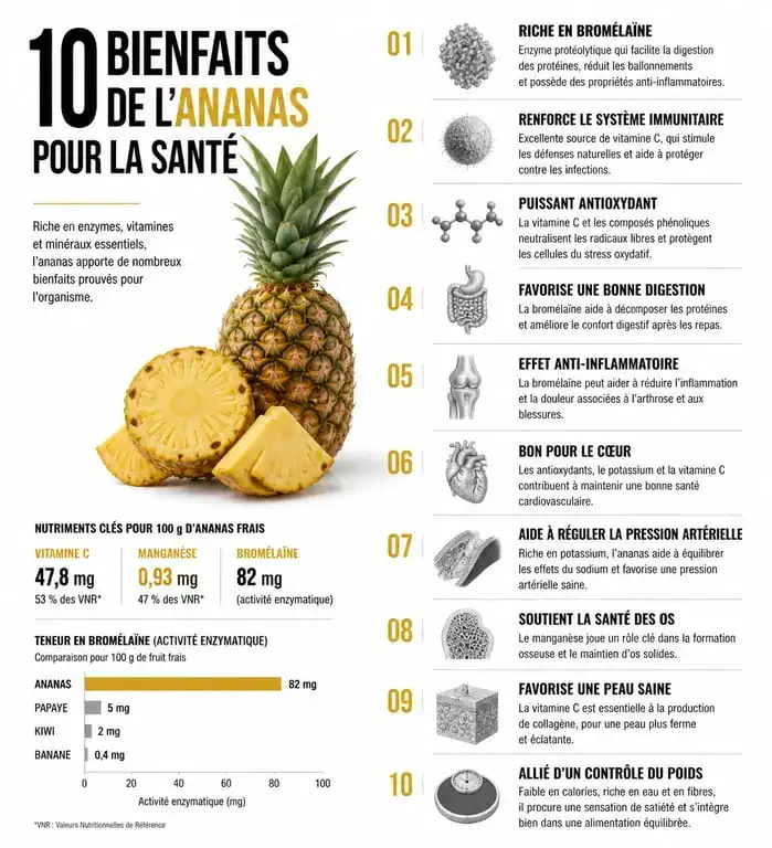 Infographie des 10 bienfaits de l'ananas pour la santé et la nutrition