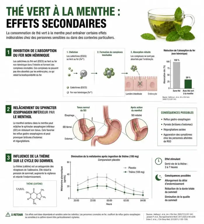 Infographie des effets secondaires et mécanismes d'action du thé vert à la menthe sur la santé