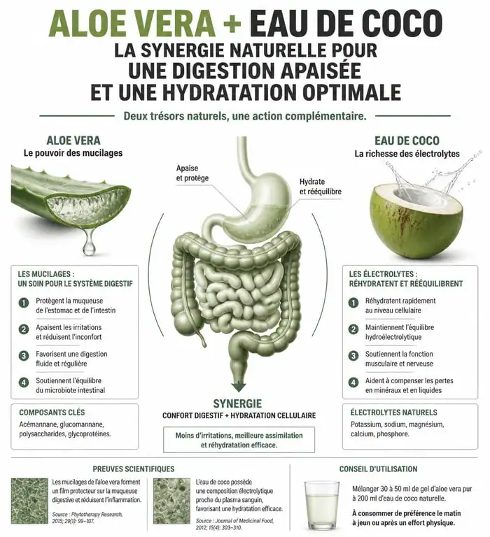 Infographie des bienfaits du sirop aloe coco pour la digestion et l'hydratation