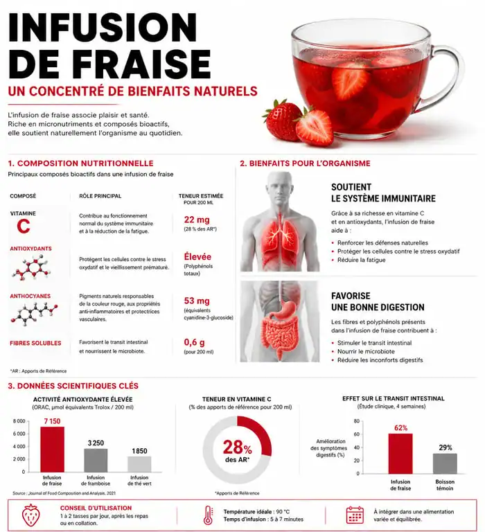 Infographie sur les bienfaits santé de l'infusion de fraise : antioxydants, vitamine C et digestion.