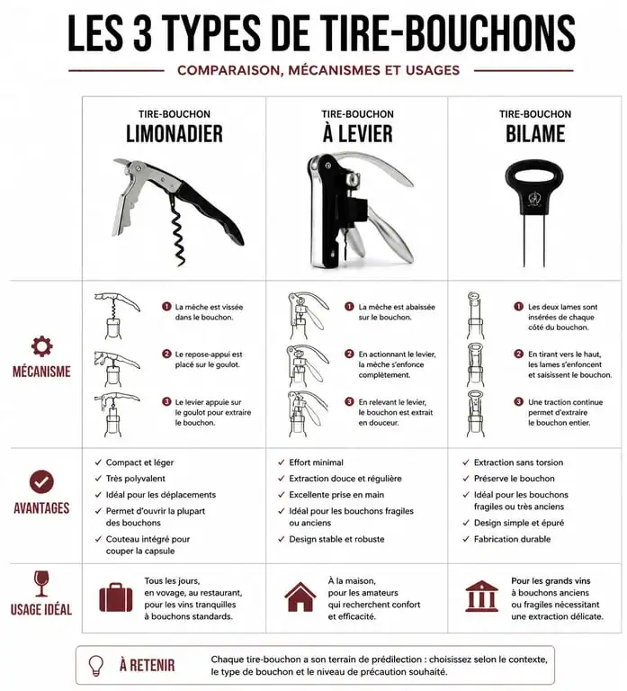 Infographie comparative des meilleurs tire-bouchons : limonadier, levier et bilame pour bien choisir son modèle.