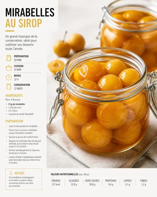 Bocaux de mirabelles au sirop préparés sans stérilisation