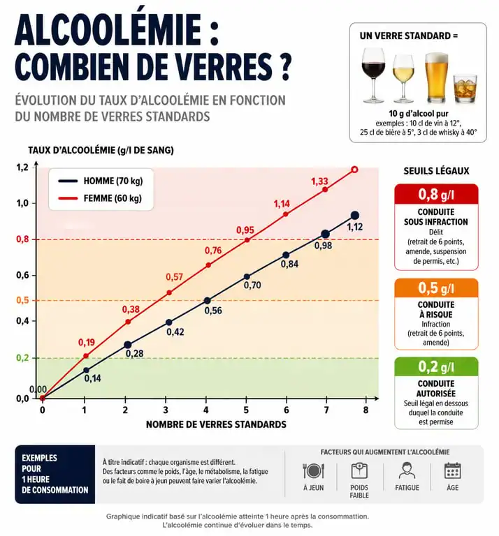 Infographie des seuils d'alcoolémie et nombre de verres pour la sécurité routière