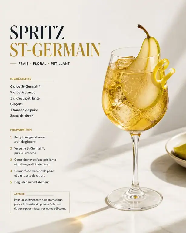 Recette Spritz St-Germain dans un verre à vin avec garniture de poire et citron