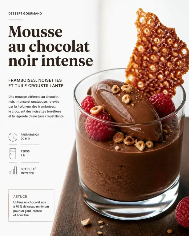 Mousse au chocolat noir accompagnée de framboises et noisettes pour un dessert gourmand