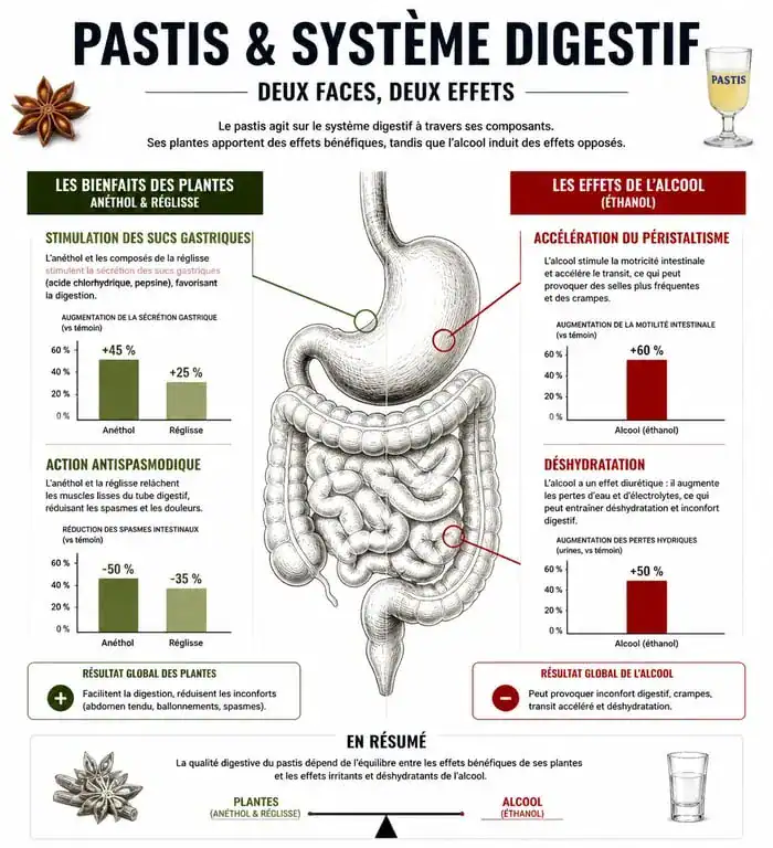 Infographie sur les effets du pastis sur le transit intestinal et la digestion