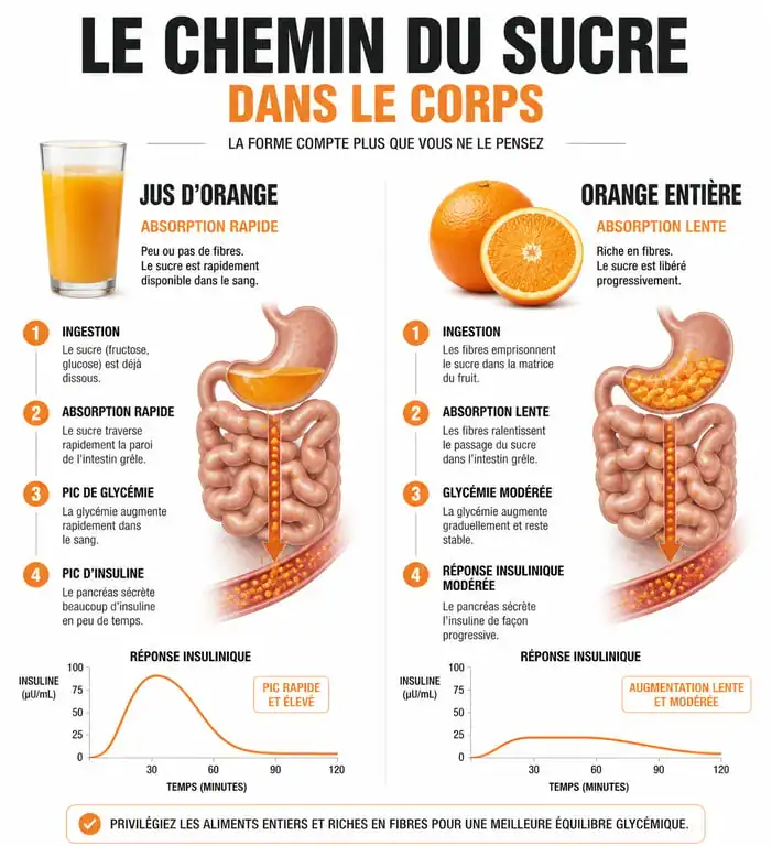 Infographie sur l'impact métabolique du jus d'orange le matin et le pic glycémique