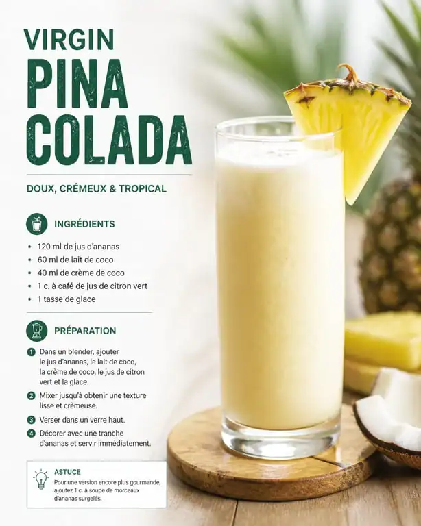 Cocktail Virgin Pina Colada réalisé avec du sirop de rhum, décoré d'une tranche d'ananas
