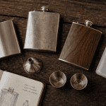 fioles alcool acier bois argent plastique sur table