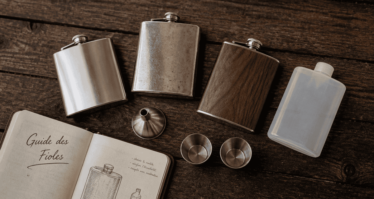 fioles alcool acier bois argent plastique sur table