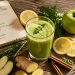 Jus detox pour le foie avec pomme citron pissenlit sur table