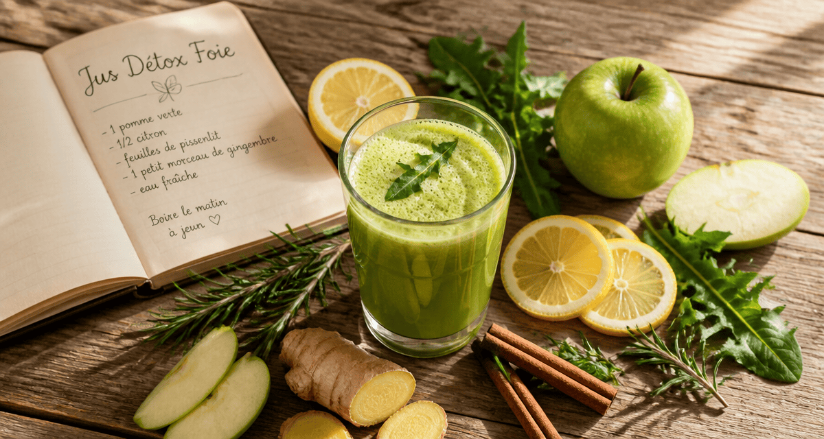 Jus detox pour le foie avec pomme citron pissenlit sur table