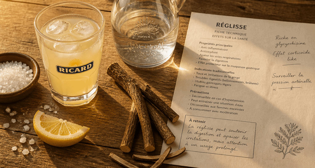 La dangerosité du Ricard illustrée sur une table avec verre, réglisse et fiche santé