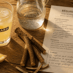 La dangerosité du Ricard illustrée sur une table avec verre, réglisse et fiche santé