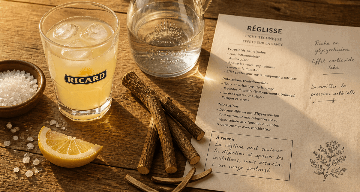 La dangerosité du Ricard illustrée sur une table avec verre, réglisse et fiche santé
